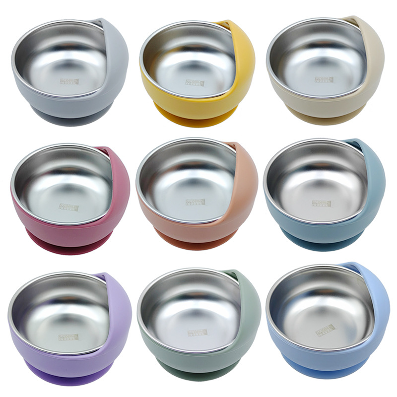 in stock High-color Value Stainless Steel Food Bowl Silicone Snail Bowl Children's Feeding Tableware Household Double-layer Anti-drop Rice Bowl