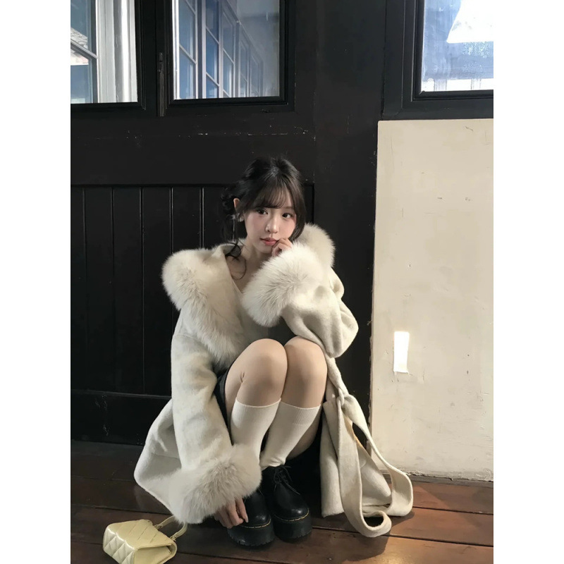 高级气质千金感仿狐狸毛领大衣女冬季设计感袖口毛毛保暖毛呢外套|undefined