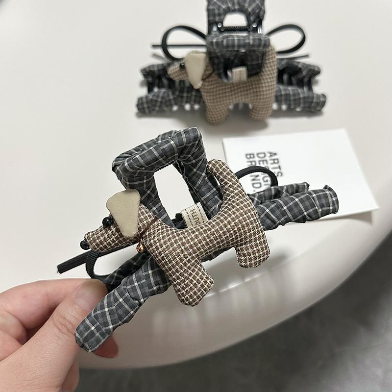 小众AB版设计充棉铃铛小狗抓夹大号高级韩国格子布艺蝴蝶结鲨鱼夹|undefined