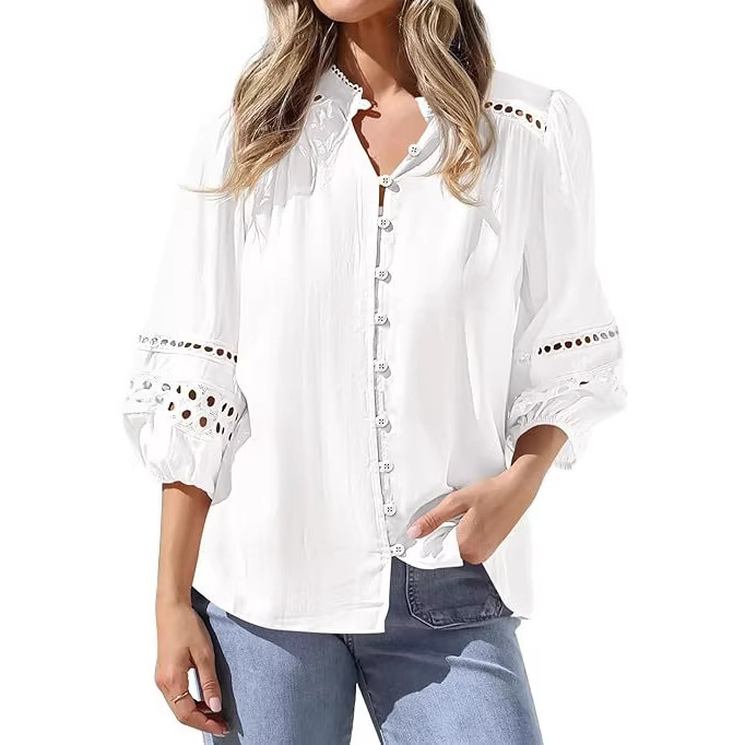 Amazon European and American Cross-Border 2026 Women's Three-Quarter Sleeve Tops Summer Shirts Eyelet Hollow Button Shirts