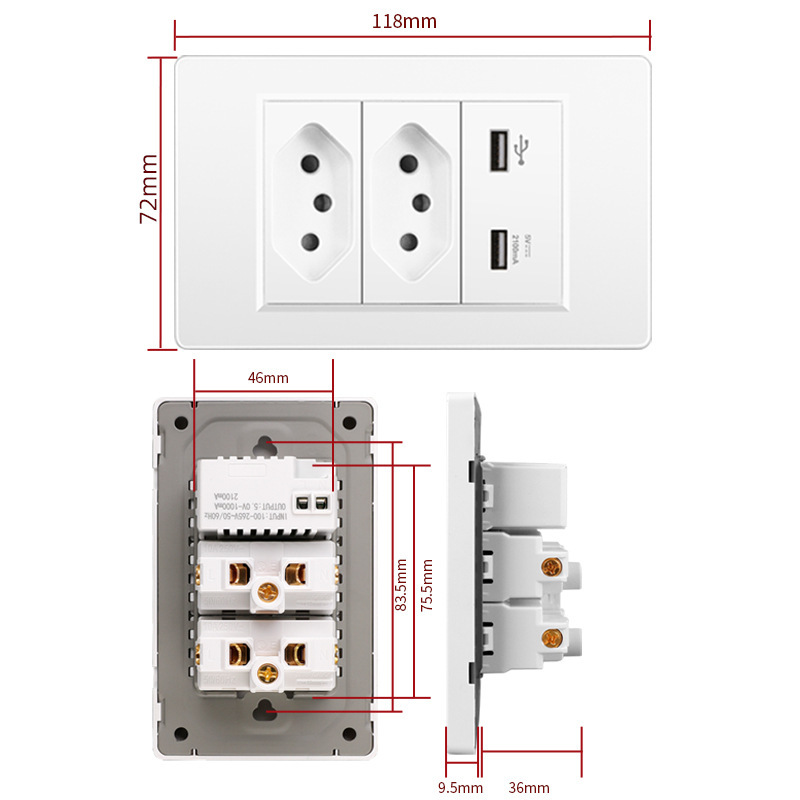 Comercio exterior 118 tipo 10A América del Sur Brasil pared de tres orificios enchufe de carga USB TYPEC panel gris