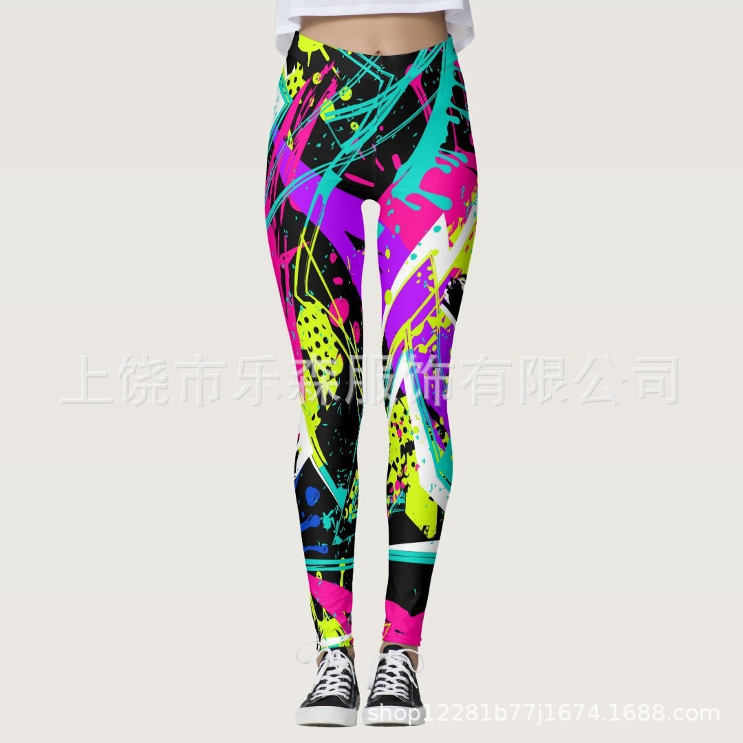 2025 Cross-Border European and American Fashion Colorful Women's Printed High-Waisted Stretch Yoga Pants Running Pants Leggings Slimming