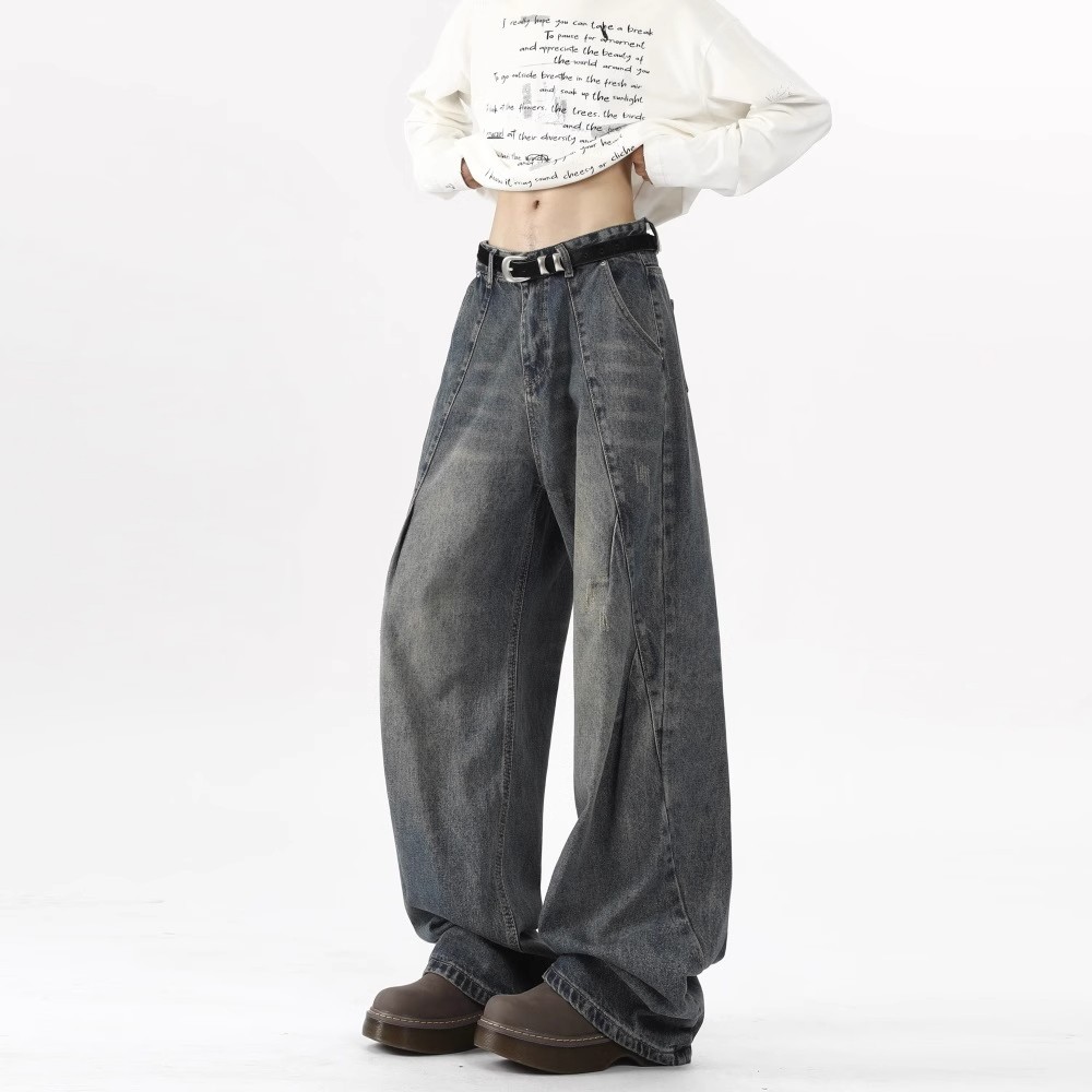 American Style Old Scimitar Jeans Men's Autumn and Winter Straight Retro Wide Leg Pants Washed Loose Men's Pants