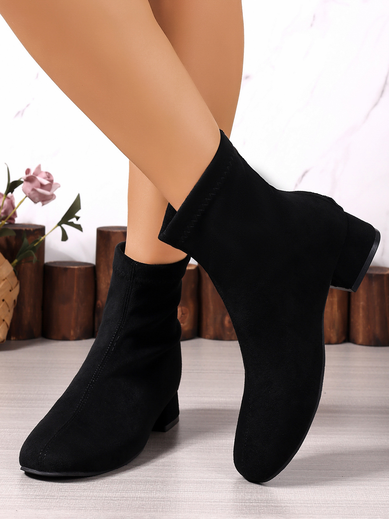 Botas cowboy de camurça para mulher, botins retro com salto_voghion.com