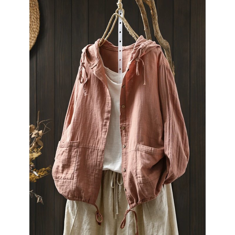 25 Spring and Summer Retro Loose Double Flap Pocket Pants Drawstring Hooded Double-Layer Long-Sleeved Shirt Women's Design Simple Thin Cardigan