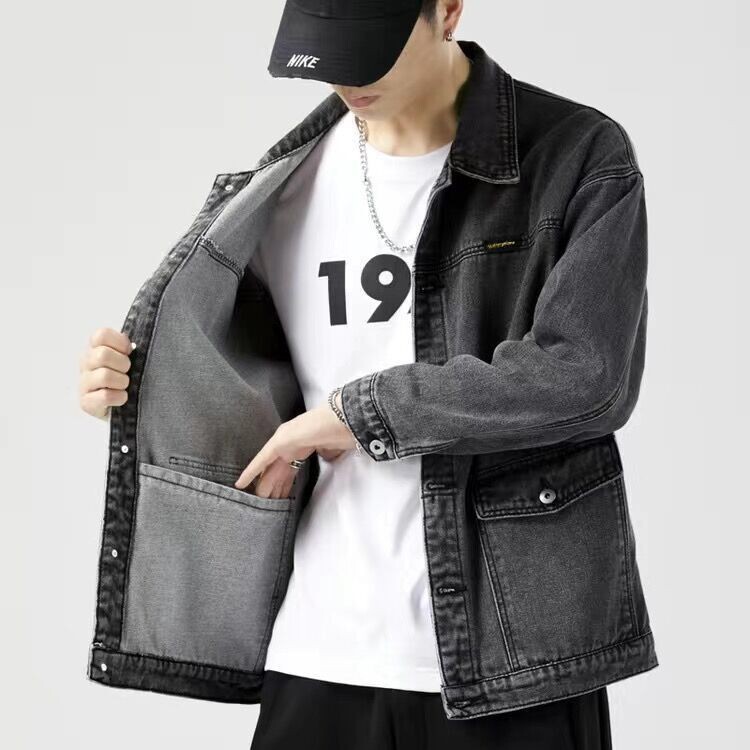Japanese Retro Denim Jacket for Men, Spring and Autumn, American High Street Fashion Brand, Durable, Turn-Down Collar, Loose Fit, Workwear Casual Jacket Wholesale