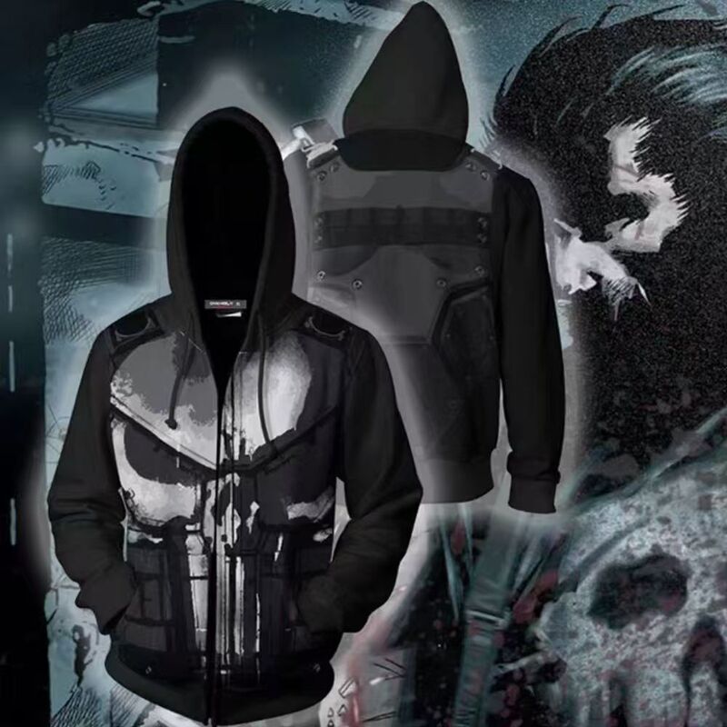 2025 European and American Halloween Punisher Marvel Punisher Hooded Sweatshirt Men's 3D Printed Spring & Fall Loose Hoodie