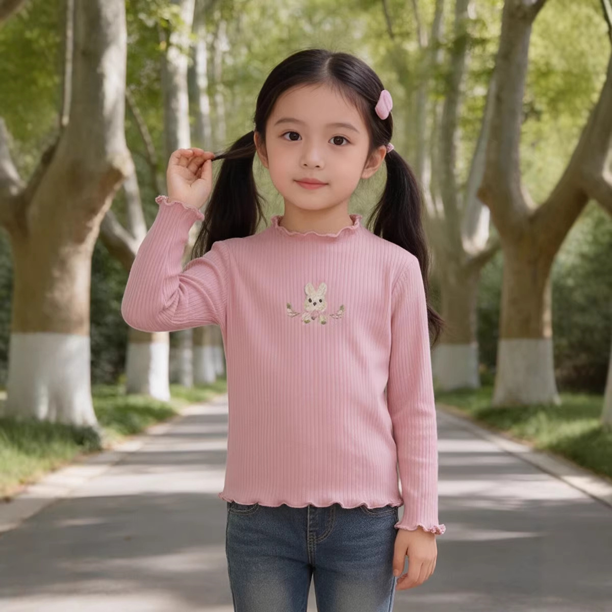 Camiseta de Manga Larga Elástica de Terciopelo Acanalado para Niñas MDD, Otoño 2023, Bordado de Conejito, Estilo Coreano, Ropa para el Festival del Medio Otoño