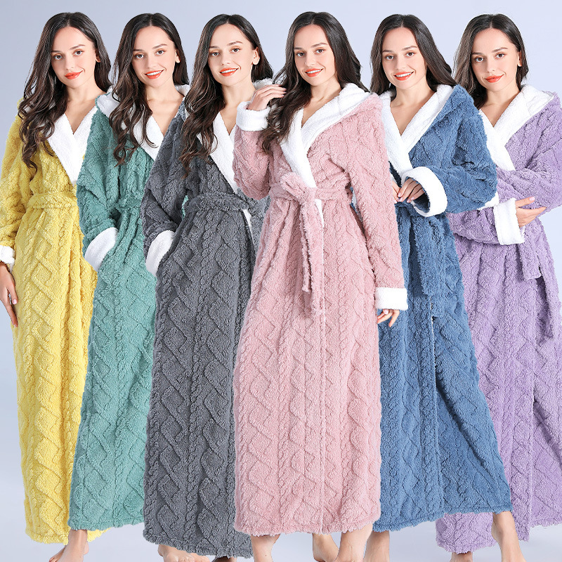 New Extended Hooded Flannel Nightgown Women's Jacquard Velvet Pajamas Thickeneded Warm Couple Pajamas with Hood Fog Blue