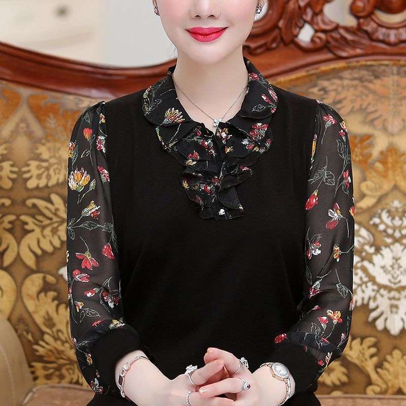 2021 New Autumn Clothing, Middle-Aged and Elderly T-Shirts, Large Size Loose Style Tops, Long-Sleeved Shirts, Slimming Look Bottoming Shirts for Women