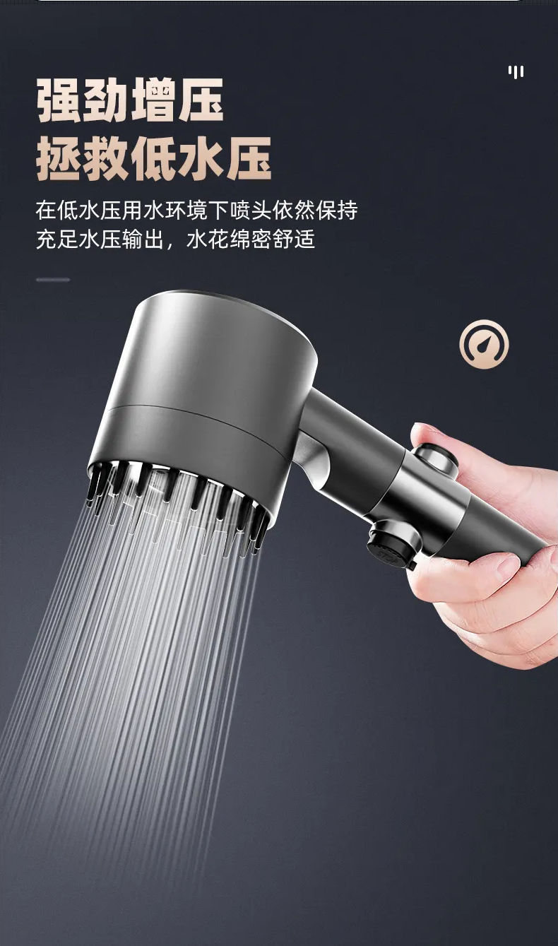 Three-speed, one-button, water-stop, bathroom massage, bathing, filtering, spray, handheld shower head details Picture