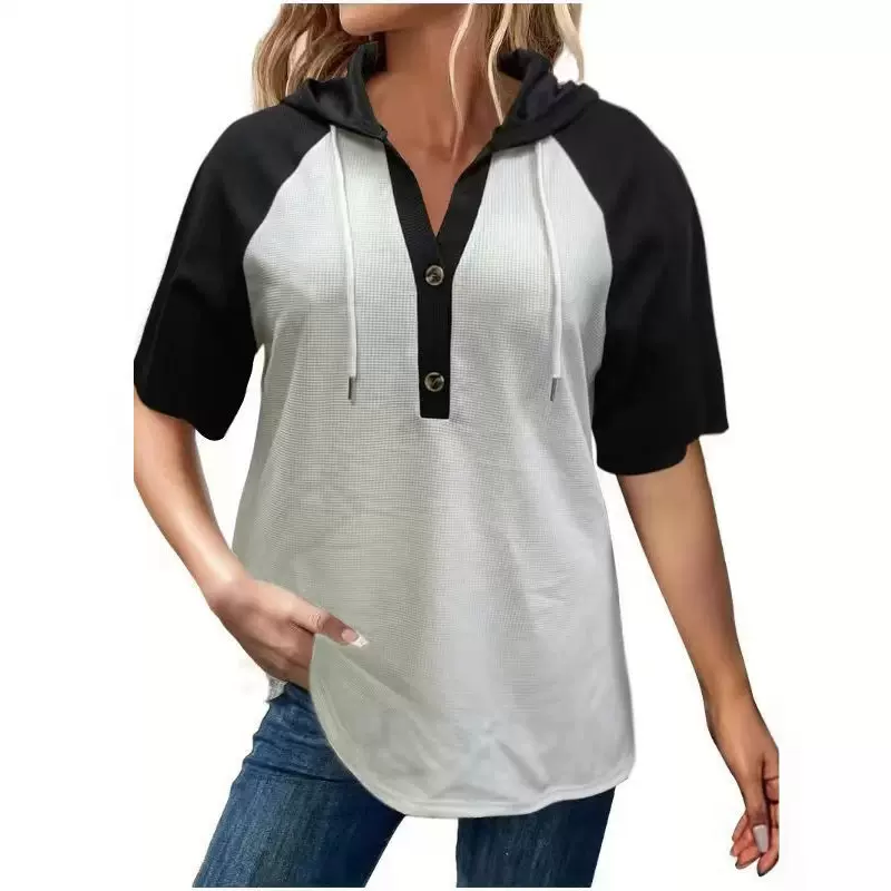 大码女装女士休闲纽扣连帽T恤-短袖，，，华夫格针百搭撞色设计