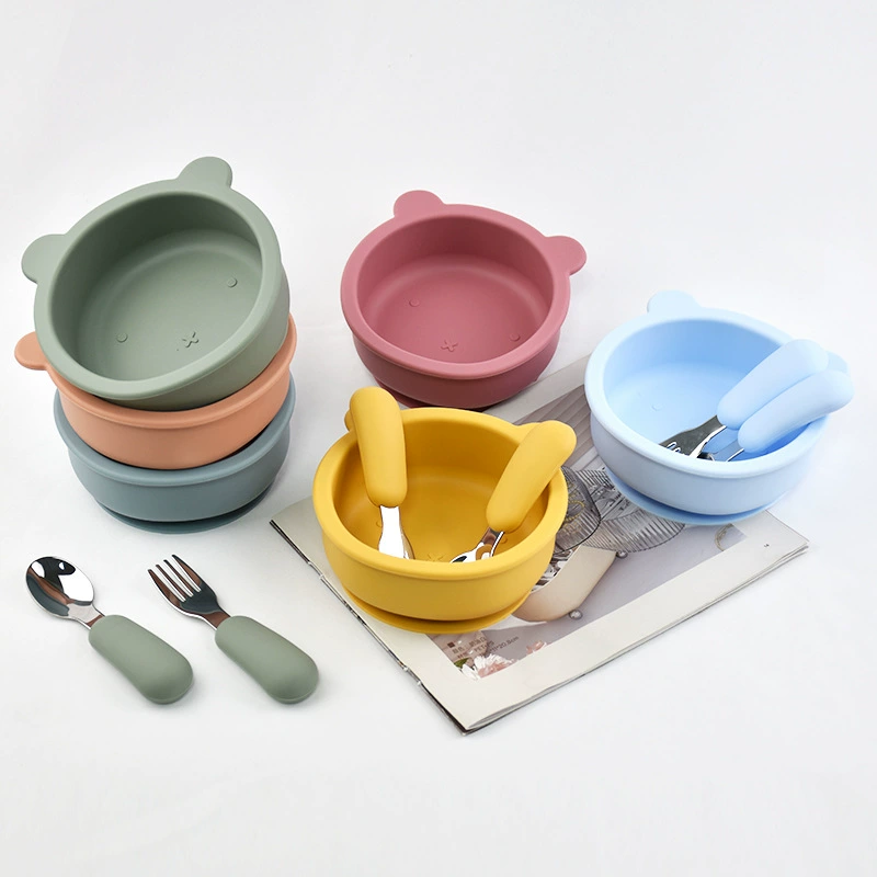 Детские силиконовые мультяшные столовые приборы для доп feeding еды для обучения нержавеющая сталь, набор, с маленькими медведями
