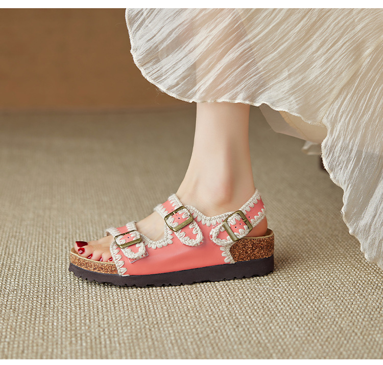 Dép sandal nữ hở mũi da bò đế dày phong cách Birkenstock — tím chi tiết 8