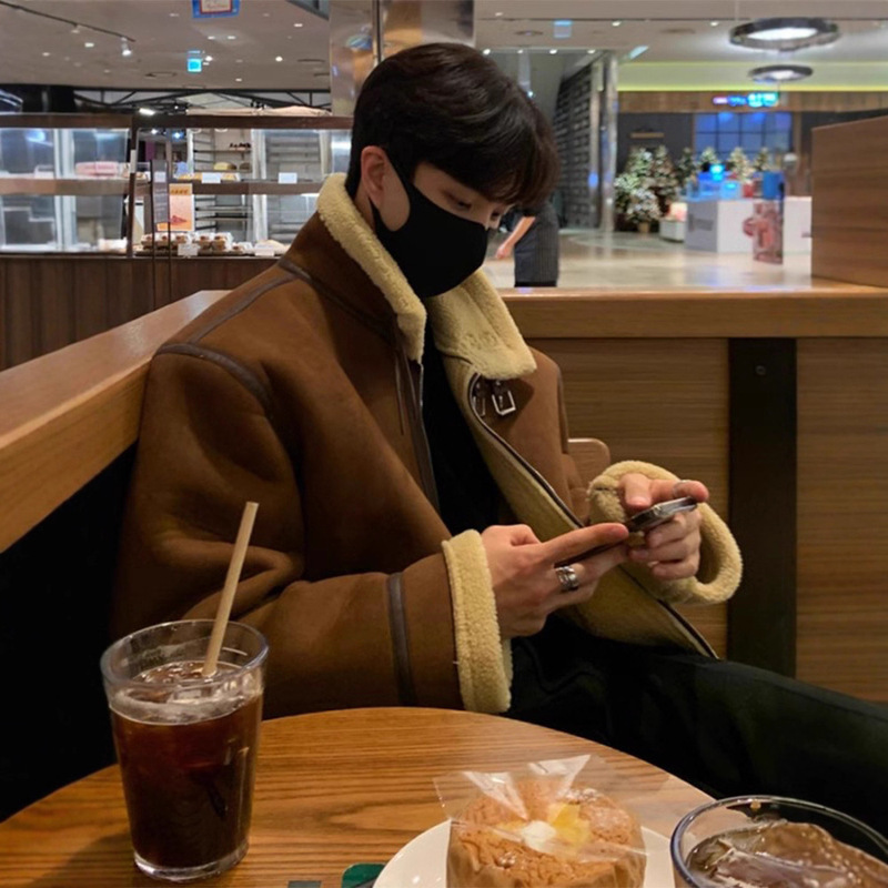 British Yuppie Style Men's Suede Lambswool Cotton Jacket Winter Men's Pilot Cotton Jacket