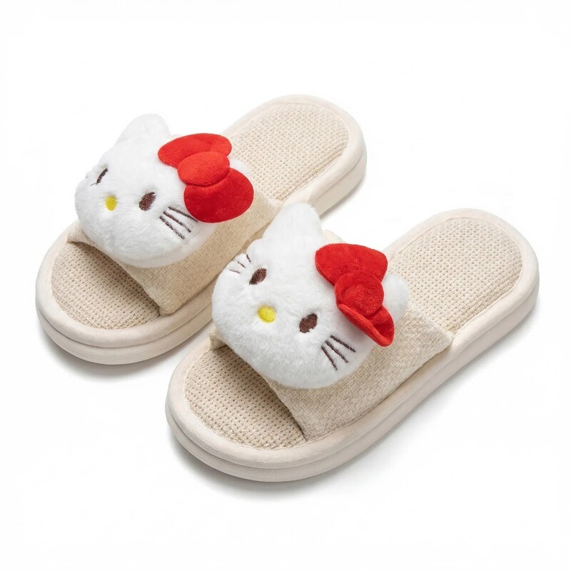 Japanese-Style Cute Cat Kitty Fabric Linen Slippers for Home, Breathable, Sweat-Absorbent, Non-Slip, Thick-Soled, Open-Toe Slippers for Women