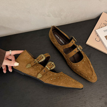 欧美复古尖头软皮玛丽珍鞋女小众铆钉内增高休闲一脚蹬浅口单鞋