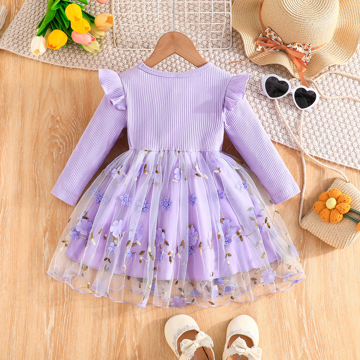 Lila Blumenkleid Mit Rippstrick Und Schleife Für Mädchen_voghion.com