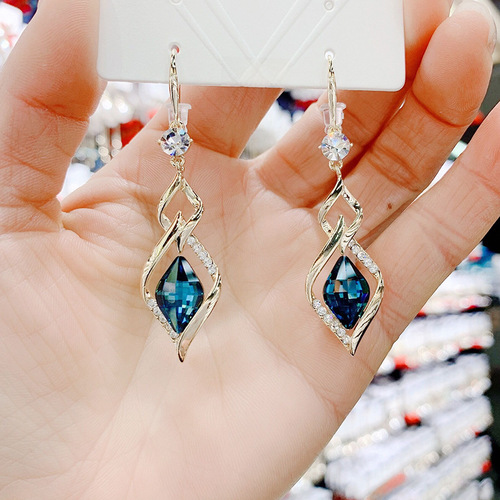 Geometric Rhombus Crystal Earrings for Women, Korean-Chic Long Pendants with Diamond Accents, Trendy Long Tassel Earrings
