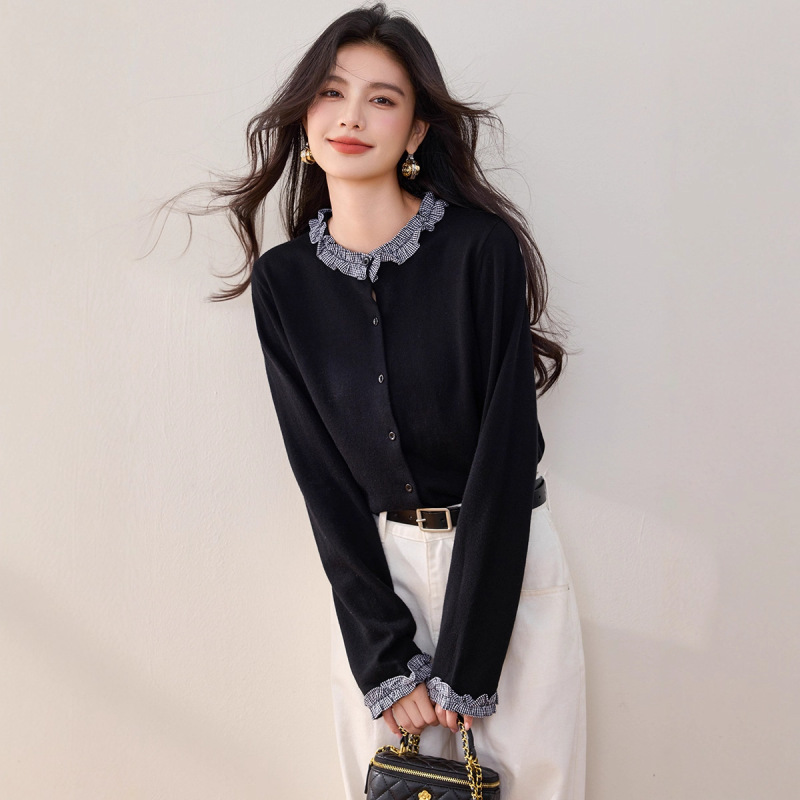 法式木耳边女针织衫外套开衫2025秋季新款收腰显瘦长袖上衣A6811|undefined