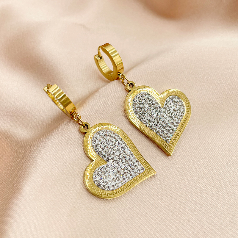 Fashion Heart Shape Stainless Steel Inlay Zircon Drop Earrings 1 Pair
