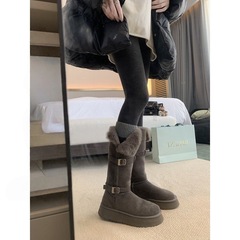 扣带厚底毛毛翻边保暖棉鞋中长筒雪地靴女冬季款