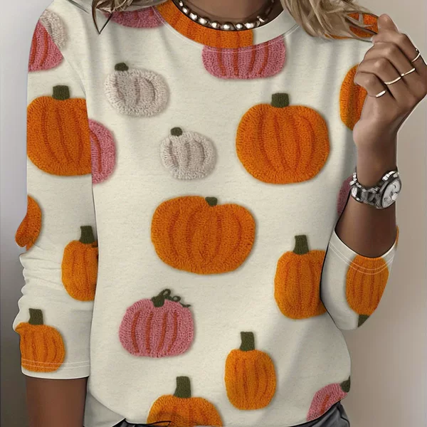 Cartoon Ghost 2025 Summer Women's New Fashion European and American Cross-Border Trend Pumpkin Print Round Neck Three-Quarter Sleeve Women's Top