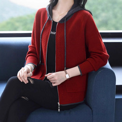 春秋新款毛衣外套女特大码妈妈连帽拉链针织开衫宽松外搭披肩上衣