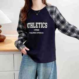 D62大码女装秋冬新款胖mm显瘦套头复古格子正肩相色卫衣上衣8829