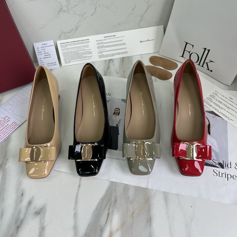 Wanqian Sf Fila Alternative Genuine Leather Bow Mid-Heel Square-Toe Shoes with Metal Buckle Patent Leather Women's Shoes Made of First-Layer Cowhide