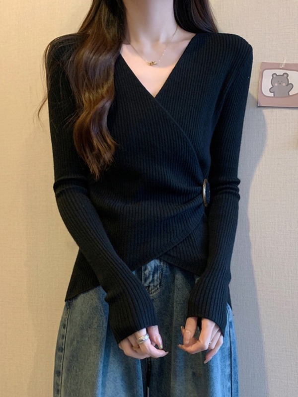 不规则交叉v领打底衫女2025新款春秋大码胖mm内搭上衣长袖针织衫1|undefined