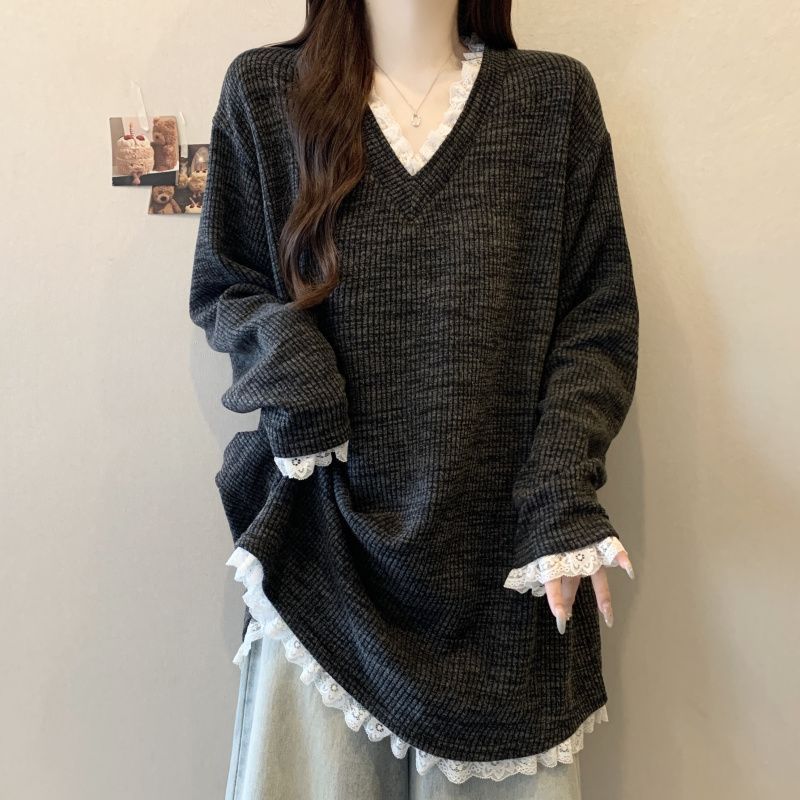 Plus-Size Lazy Style Patchwork Lace V-Neck Long-Sleeve Sweater for Women, New Autumn and Winter Loose Slimming German Velvet Fashion Top