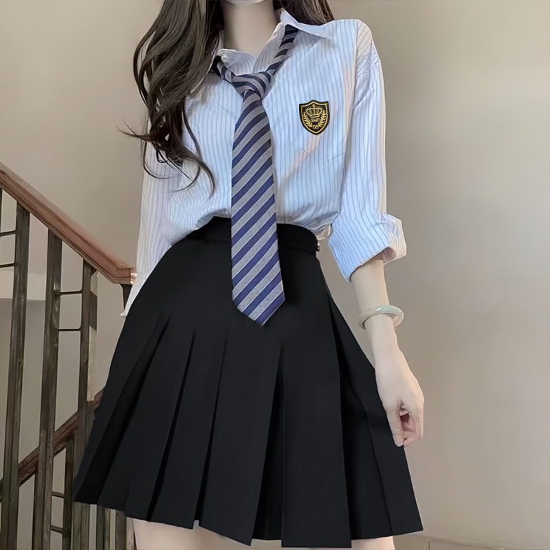 蓝色条纹衬衫上衣女春秋外穿百搭学院风韩系衬衣jk制服百褶裙套装|undefined