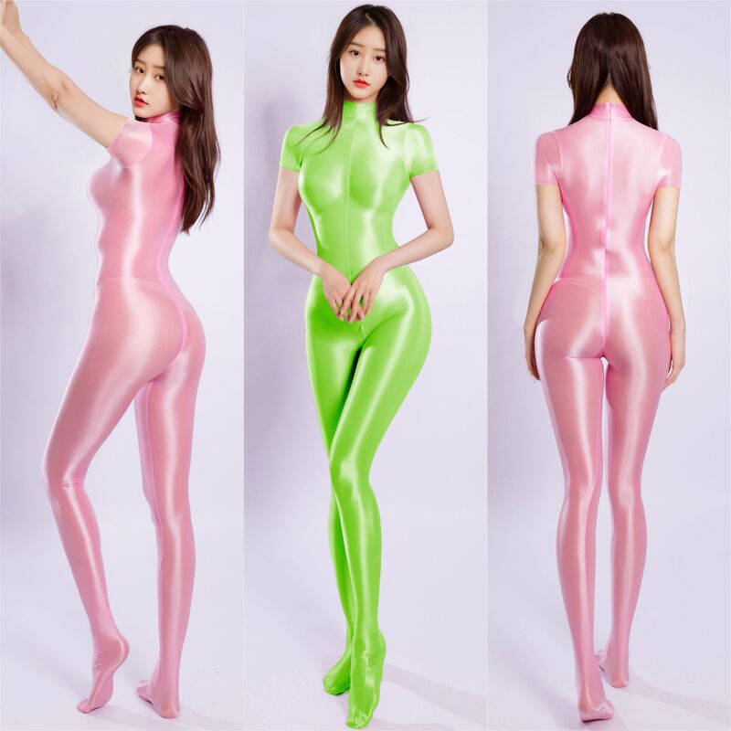 Stretch Glossy Oily Silky Full-Body Bodysuit Bodybuilding Sports Tights Long Zipper Long-Sleeved Leggings