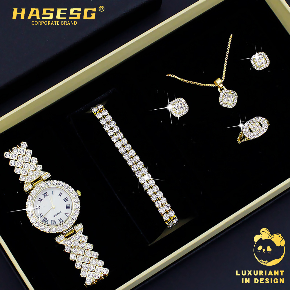 Women's diamond-embedded watch Roman pattern full diamond bracelet watch 5 pieces suit high-looking quartz watch female wristwatch