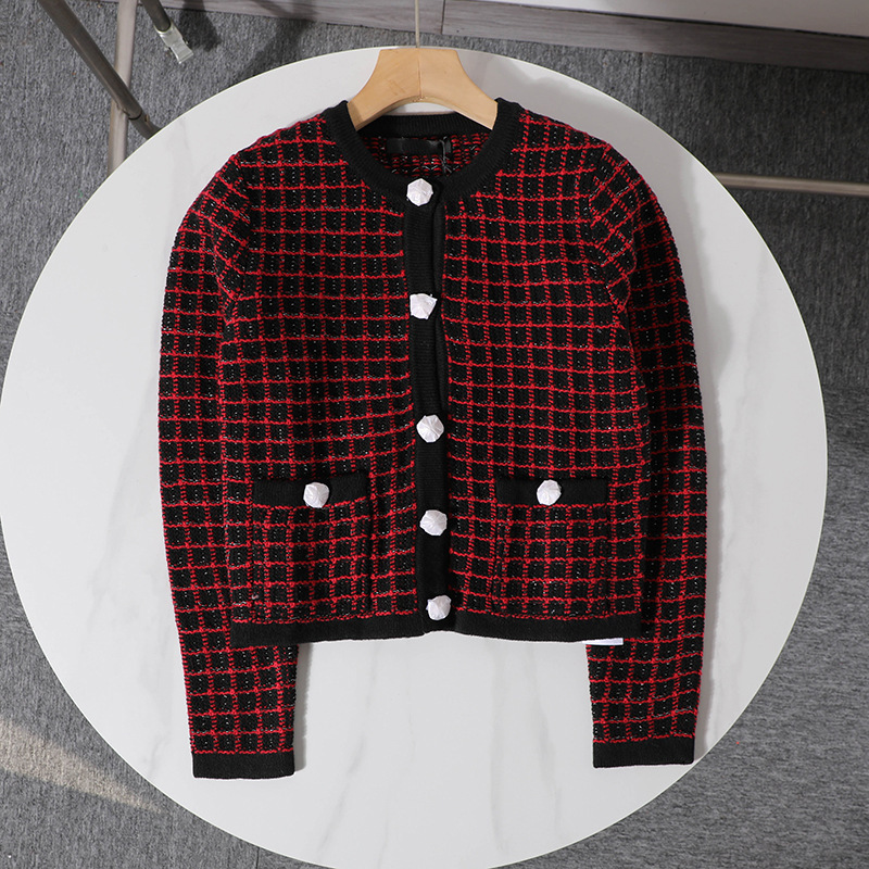 American K'Er~Women's Thick and Shiny Silk Woven Contrasting Plaid Metal Buckle Knitted Cardigan 2201 American K'Er~Women's Thick and Shiny Silk Woven Contrasting Plaid Metal Buckle Knitted Cardigan 2201