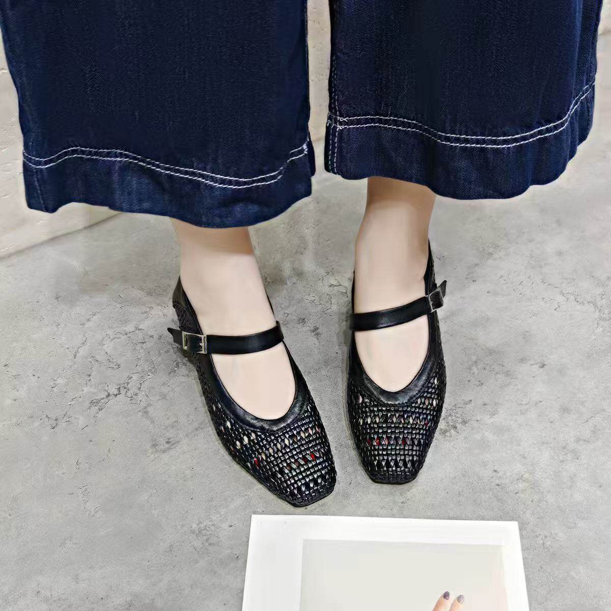 Sandal nữ da thật mũi vuông dệt rỗng gót thô thấp 4 cm — màu be chi tiết 3