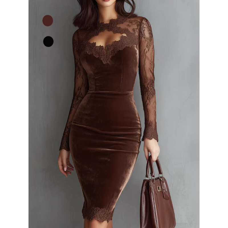 European and American Cross-Border New Style Sexy Lace See-Through Long-Sleeve Bodycon Dress with Elegant V-Neck and Waist-Cinching Design