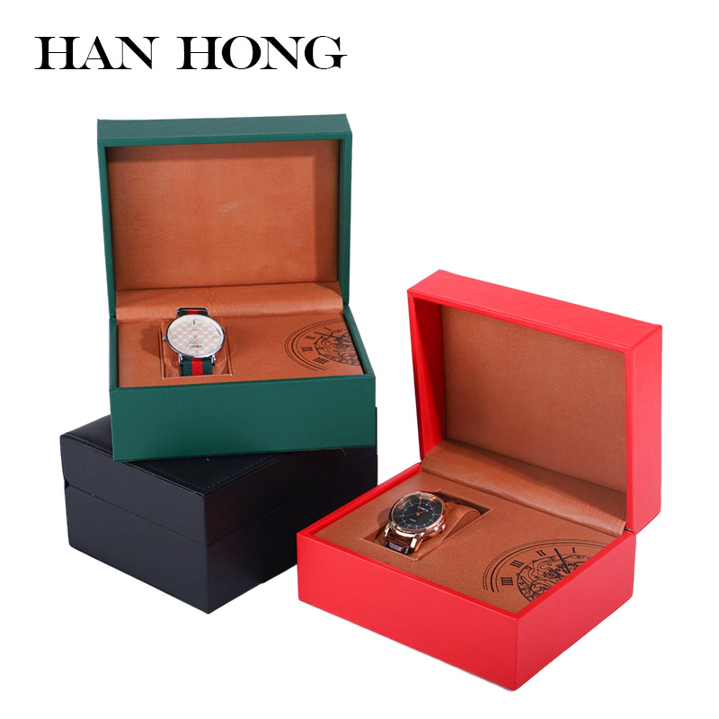 Square PU leather watch box with hinged lid, watch box for men, watch packaging box