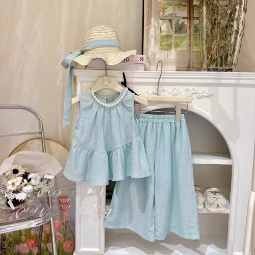Stylish sleeveless girls' summer set: toddler and small child ruffled blouse with wide-leg pants, trendy two-piece outfit