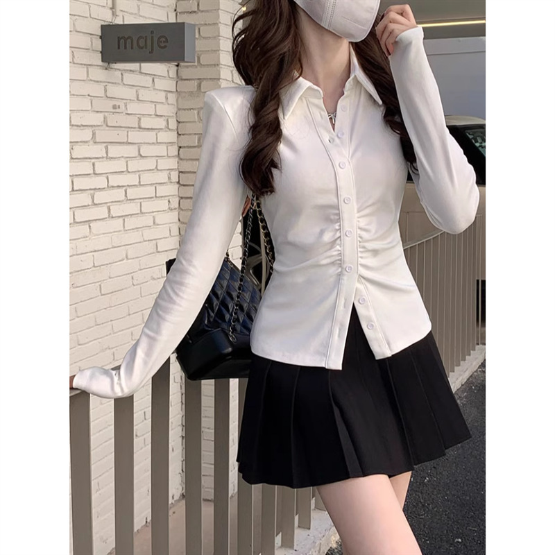 White chic long-sleeved jk shirt Women's Spring and Autumn shirt inner base irregular waist slim short top