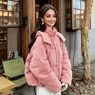 韩系新款短款棉服女加厚保暖宽松粉色灯芯绒棉衣外套冬季时尚棉袄