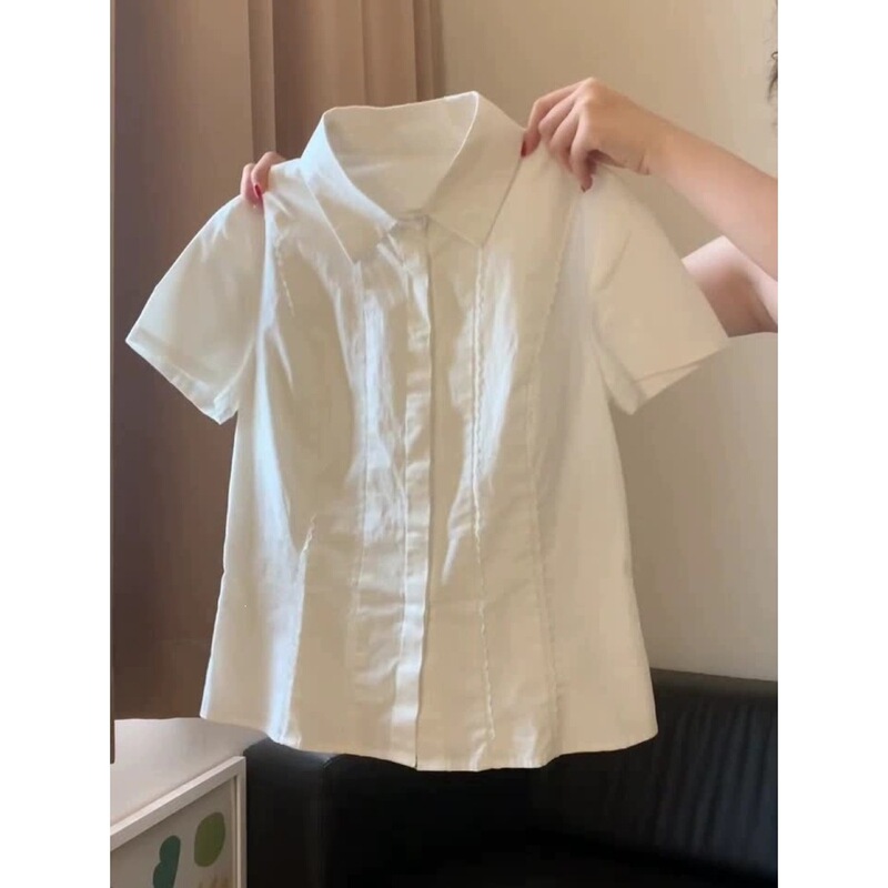 Academy Style Jk White Short-Sleeve Shirt for Women, Summer Design with Unique Lace Trim, Waist-Cinching Short Top Academy Style Jk White Short-Sleeve Shirt for Women, Summer Design with Unique Lace Trim, Waist-Cinching Short Top