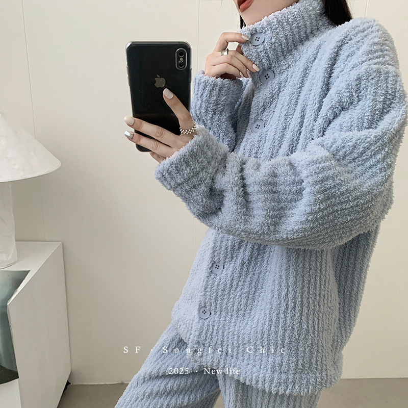 秋冬加厚半边绒弹力坑条高领加绒套装 宽松高级感保暖家居服睡衣|undefined