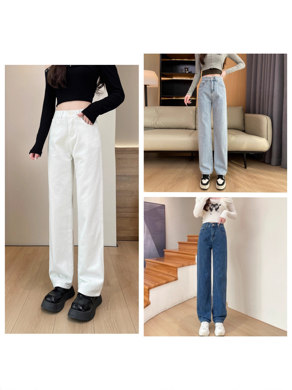 Quần jeans ống rộng dáng suông nữ kiểu retro tôn dáng — màu xanh nhạt