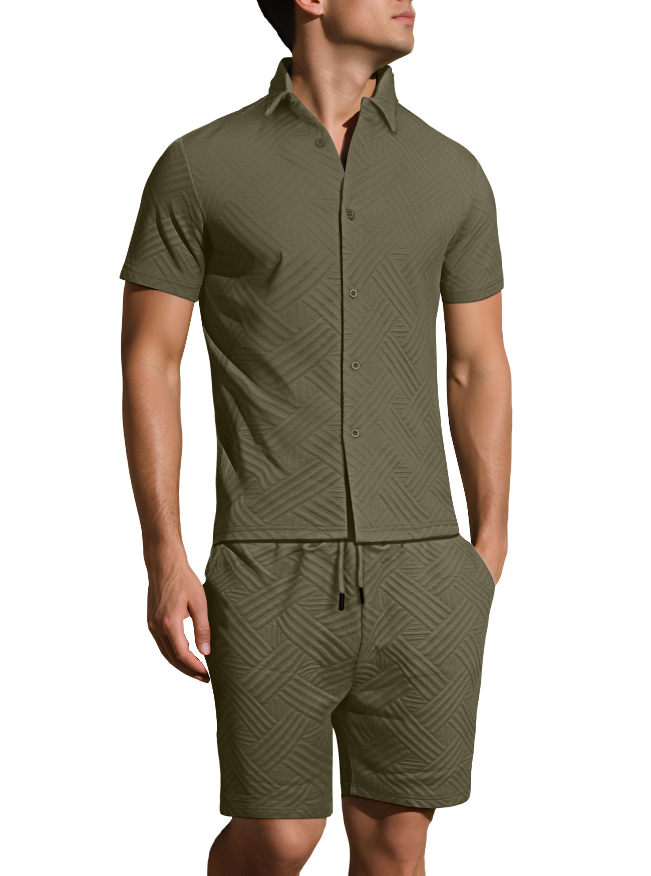 Oferta de verano transfronteriza de Amazon: Nuevo conjunto de dos piezas para hombre, camisa jacquard de color sólido y pantalones cortos casuales de manga corta.