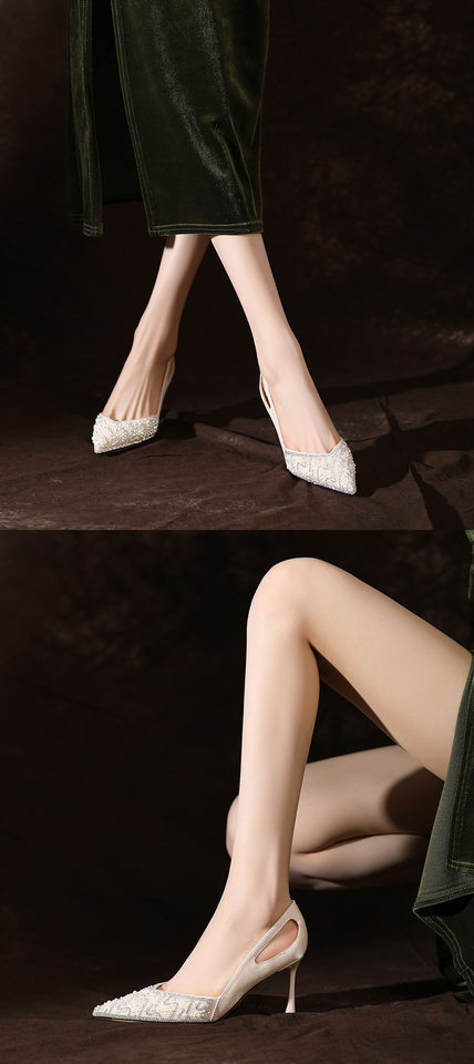 Giày cao gót mũi nhọn gót 6–8 cm đính đá và ngọc trai cho cô dâu, phù dâu — Màu trắng be chi tiết 7