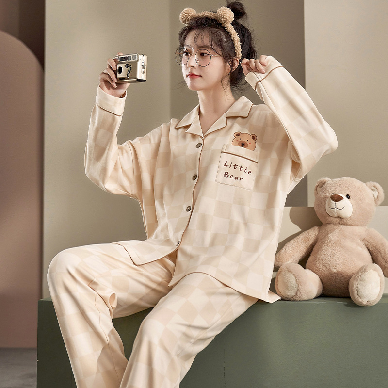 Soft and Cute Spring and Autumn New Pajamas for Women, Cardigan, Long Sleeves, Imitation Cotton, Simple, Loose, Casual Home Wear Two-Piece Set