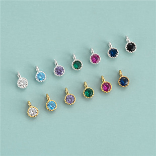 S925 Sterling Silver Inlaid Zircon Round Color Small Pendant DIY Accessories Bracelet Necklace Mini Pendant