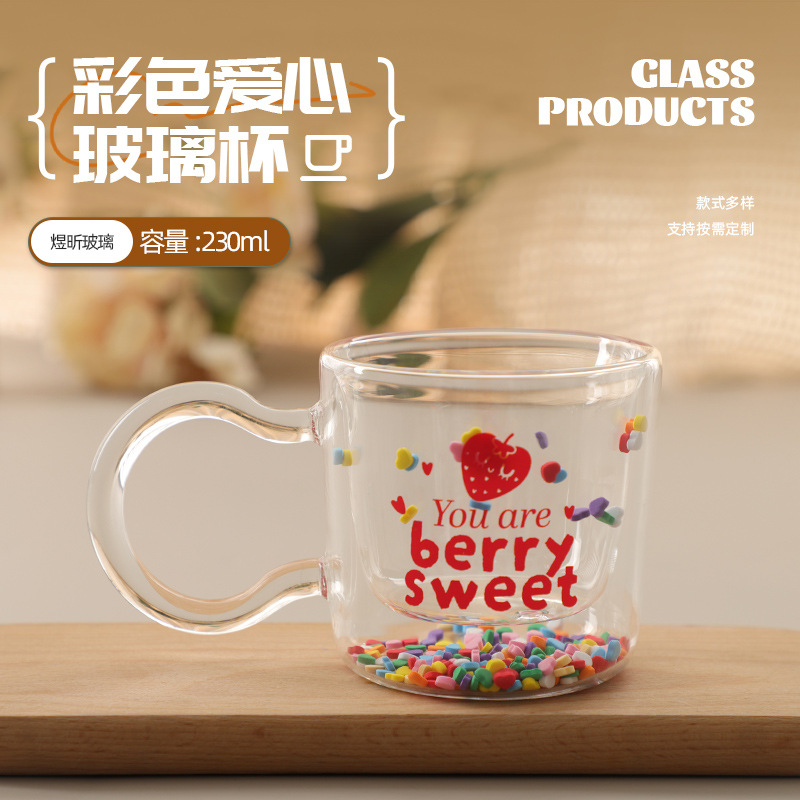 Strawberry Glass Double-Layer Insulated Milk Cup Ins Style Straw Juice Cup Cute Cartoon Transparent Glass Cup